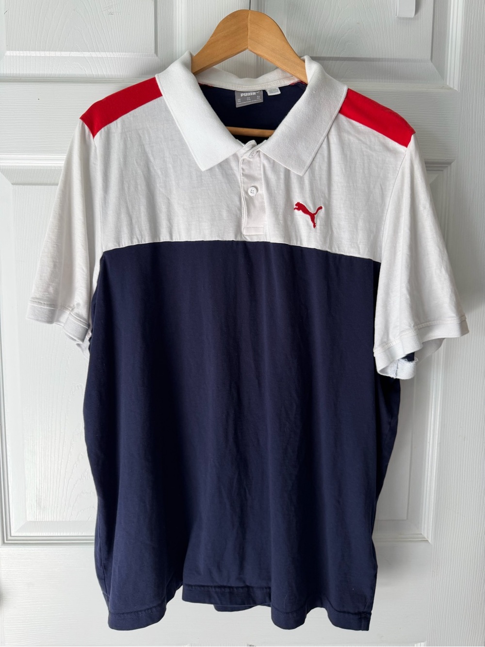 Puma Men’s Navy White Polo with Red Shoulder Accents